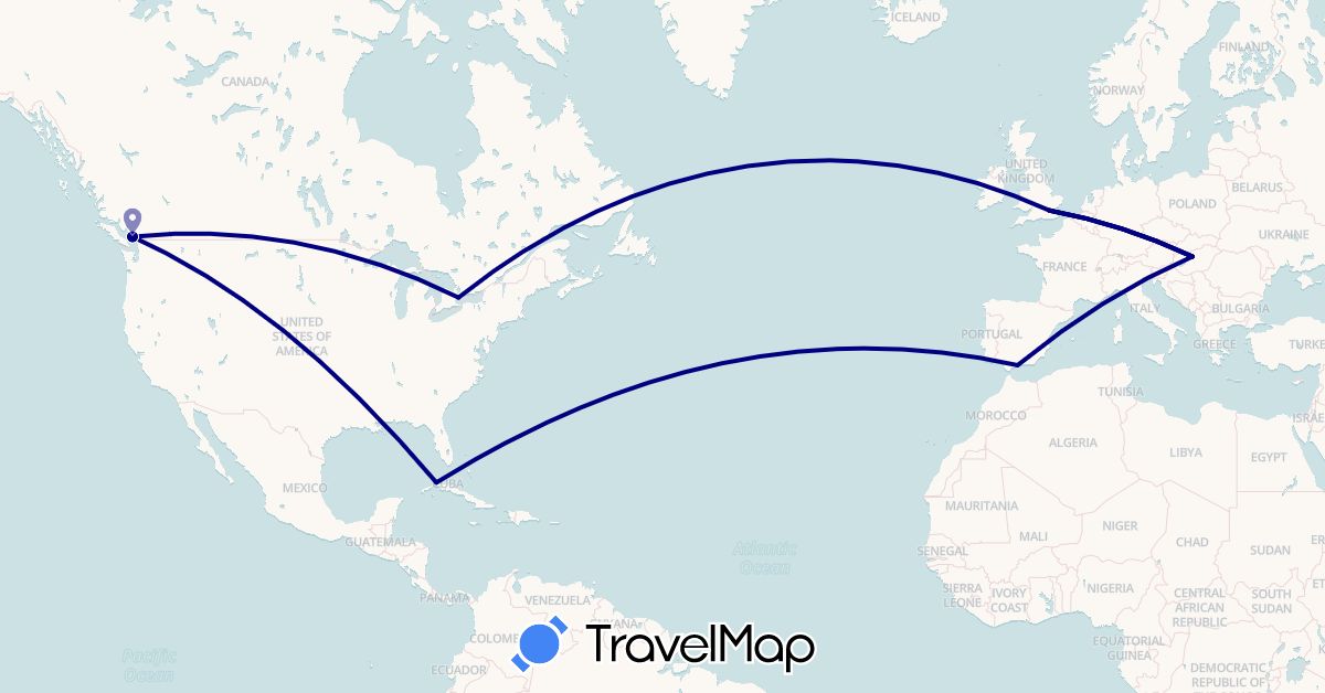 TravelMap itinerary: driving in Canada, Cuba, Spain, United Kingdom, Hungary (Europe, North America)